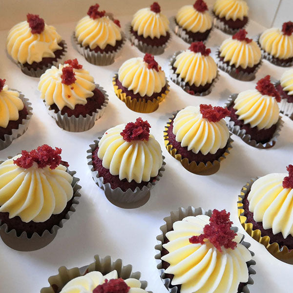 Mini Red velvet Cupcakes with cream cheese frosting, decorated with red velvet cake crumbs.