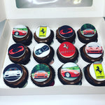Load image into Gallery viewer, Ferrari car and Ferrari logo cupcakes
