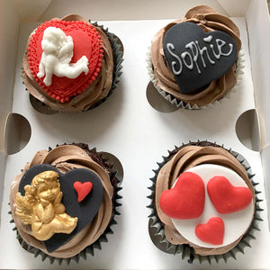 Cherub Hear Cupcakes with Red, Black and Gold fondant decoration.