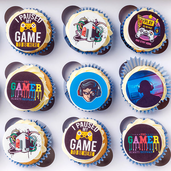 Edible Gamer Themed Cupcakes with different gamer images.